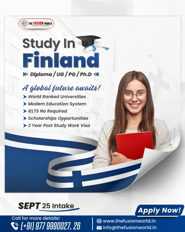 Dreaming of studying in Finland? No IELTS needed; top-ranked universities, scholarship opportunities, and a 2-year post-study work visa await you! 

Secure your spot for the Sept. 25 intake. Book your FREE 1:1 consultation with our experts today!

#StudyInFinland #FinlandEducation #StudyAbroad #Scholarships #StudentVisa #StudyVIsa #GlobalOpportunities #EducationMatters
#FusionWorldConsultancy
