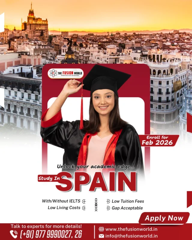 Unlock your academic future! Study in Spain with expert guidance from Fusion World Visa Consultancy. 

✅ Low fees, 
✅ Gap accepted, 
✅ With/without IELTS. 

Start your Spain study visa journey—book your 1:1 free consultation today.

#studyinspain #spainstudyvisa #studentlife #studyabroad #spainstudents #fusionworldconsultancy