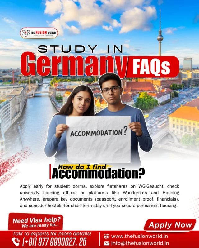 "How do I find accommodation?" - A common question for aspiring students in Germany. We break down your options, from early applications to short-term stays, ensuring a stress-free start to your academic adventure.

Need visa & accommodation help? Talk to our experts for more details and visa assistance.

#StudyInGermany #GermanyEducation #GermanyStudyVisa #StudentAccommodation #InternationalStudents #FusionWorldConsultancy