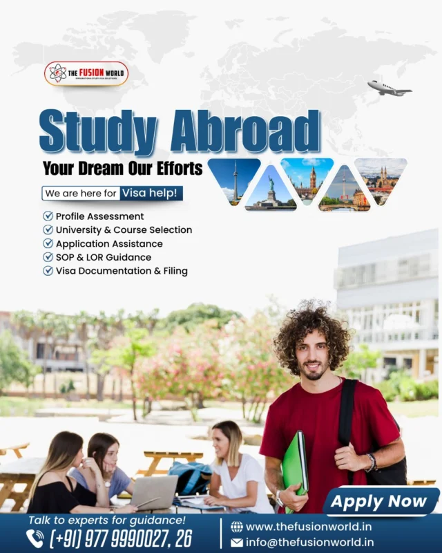 Ready to make your study abroad dream a reality? 🌍✨ We are here to guide you every step of the way, from profile assessment to visa filing.

 Let our efforts make your dream come true! Book your FREE 1:1 consultation today.

#StudyAbroad #GlobalEducation #GlobalOpportunities #VisaHelp #DreamBig #Consultation #ApplyNow #FusionWorld
