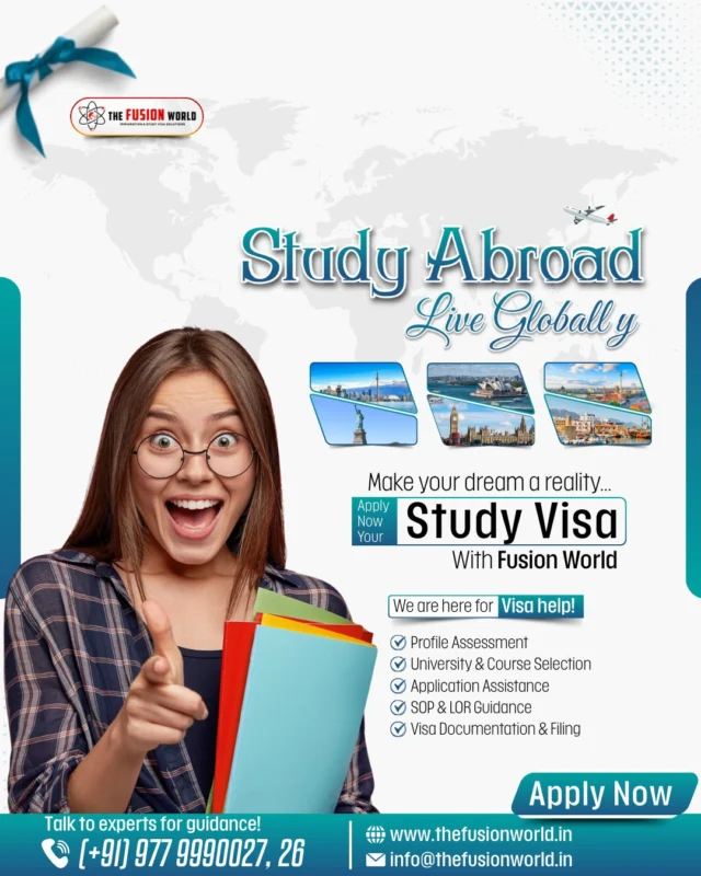 Ready to live globally? Make your study abroad dream a reality with Fusion World.

Get expert visa help, profile assessment, university selection, and more. Book your FREE 1:1 consultation today.

#studyabroad #studyvisa #studentvisa #studyvisaconsultants #liveglobally #fusionworld
