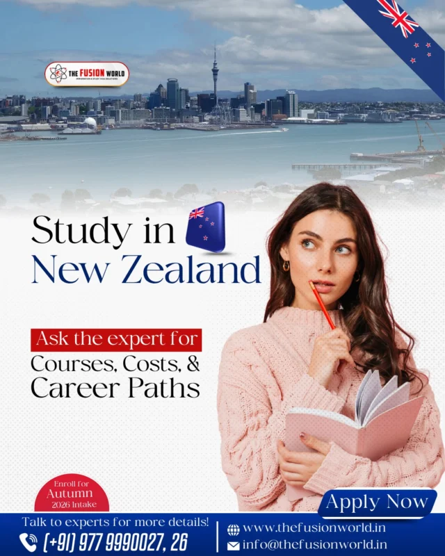 Ready to study in New Zealand? Unlock courses, costs & career paths with our experts. 📚✨ 

Book your FREE 1:1 consultation now for the 2026 Autumn Intake. 🇳🇿 

#StudyAbroad #NewZealandEducation #CareerGoals #ApplyNow #FreeConsultation #FusionWorldVisaConsultancy