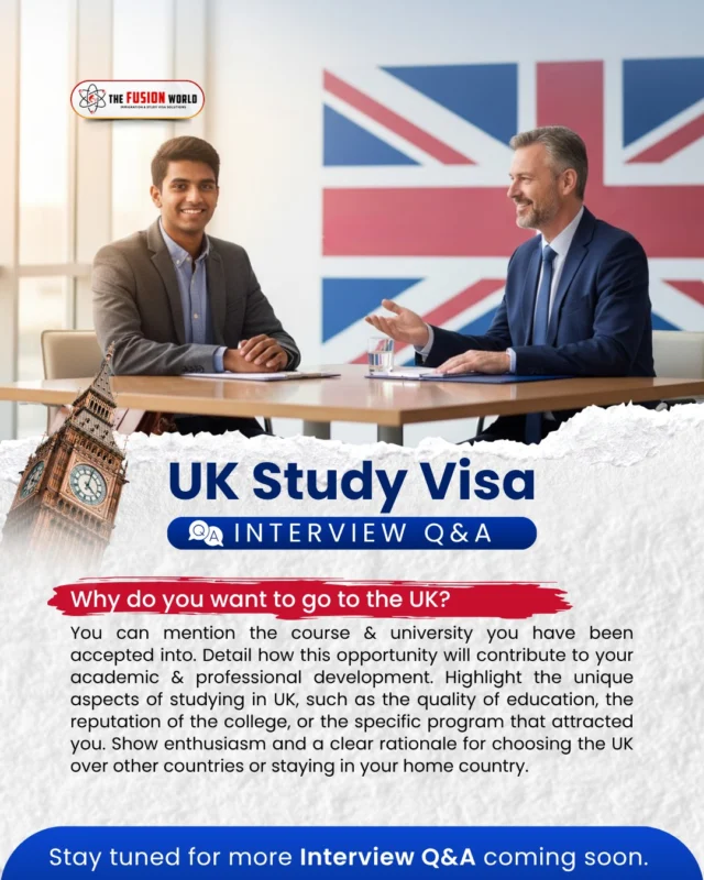 Dreaming of studying in the UK? Nail your visa interview with this key tip: Highlight your course, university, and why the UK's education stands out for your growth. Show genuine enthusiasm.

Book your 1:1 free consultation from our consultants today.

#UKStudyVisa #VisaTips #VisaInterview  #StudyAbroad #EducationUK #StudentVisa #FusionWorld