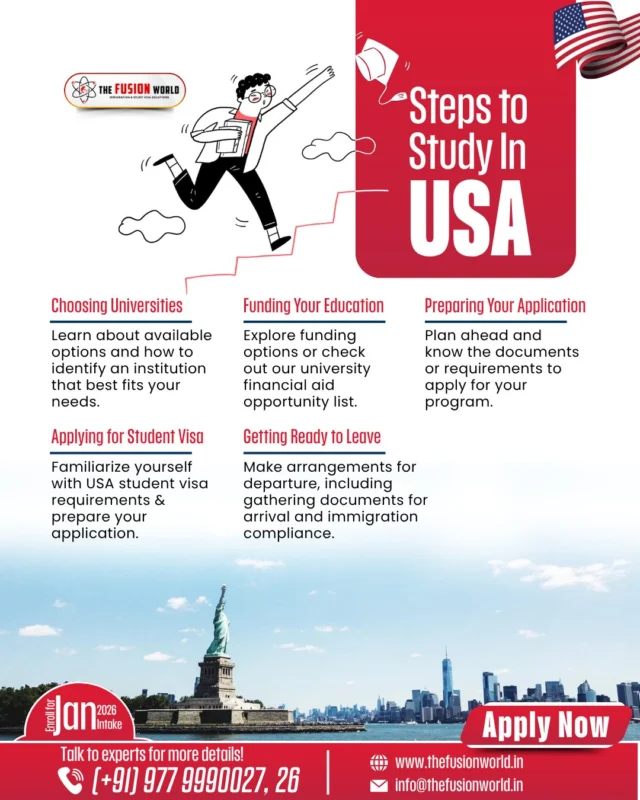 Dreaming of studying in the 🇺🇸 USA? Here’s your step-by-step guide—from choosing the right university to visa prep & flying out for your academic journey. 🎓✈️

📞 Book your 1:1 free consultation with our expert consultants today and start your adventure.

#StudyInUSA #USAVisa #FusionWorld #OverseasEducation #Jan2026Intake #StudyAbroadDreams
