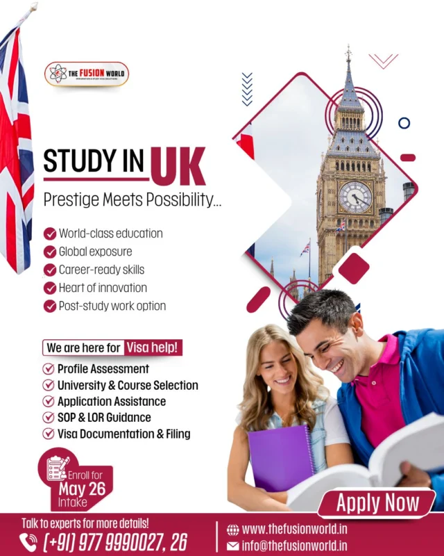 Dream of Prestige Meeting Possibility? Your UK study journey starts here! Get world-class education, global exposure, and post-study work options. 

Expert visa help and application guidance for the May 26 intake are ready for you. Book your 1:1 free consultation from our consultants.

#StudyInUK #UKIntake #May26 #VisaHelp  #PostStudyWork #FusionWorld