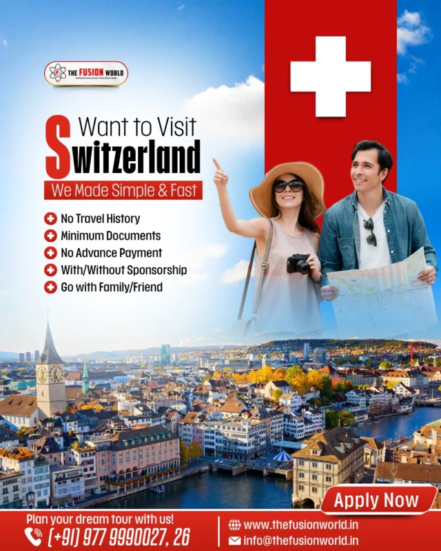 Dreaming of Switzerland? 🇨🇭 We make it simple & fast. 

✅ No travel history
✅ Minimum documents
✅ No advance payment needed
✅ Go with family or friends

Contact us for a free, 1:1 personalized consultation and start planning your dream tour.

#SwitzerlandTour #Switzerland #ExploreSwitzerland #TravelEasy #DreamVacation #FamilyVacation #VisaAssistance #VisaMadeEasy #FusionWorldVisaConsultancy