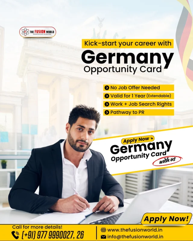 Ready to kick-start your career in Germany? 🇩🇪 The Germany Opportunity Card makes it easier than ever, with no job offer needed and a pathway to PR. 

Secure your future today. Book your FREE 1:1 consultation now.

#GermanyCareer #WorkAbroad #FutureInGermany #MigrationGermany #JobOpportunity #OpportunityCard #EUWorkPermit #FusionWorldVisaConsultancy