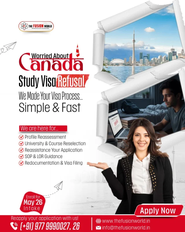 Worried about Canada study visa refusal? Our expert consultants make your visa process simple & fast. Get personalized profile reassessment, university selection, and application re-assistance. 

Don't let a refusal stop your dreams. Book your 1:1 free consultation from our consultants for the May 26 intake.

#CanadaStudyVisa #StudyInCanada #StudyAbroad #VisaConsultation #StudentVisa #CanadaImmigration #VisaHelp #FusionWorldVisaConsultancy