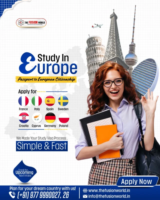 Unlock your European dream: Study in France, Italy, Spain, or beyond with streamlined visas and expert support from Fusion World Visa Consultancy. 

We've simplified the process so you can focus on your future—fast and hassle-free.

Want to apply for the next upcoming intake? Book your 1:1 free consultation from our study visa consultants.

#StudyInEurope #EuropeanVisa #StudentVisa #StudyAbroad #DreamUniversity #FusionWorldVisaConsultancy
