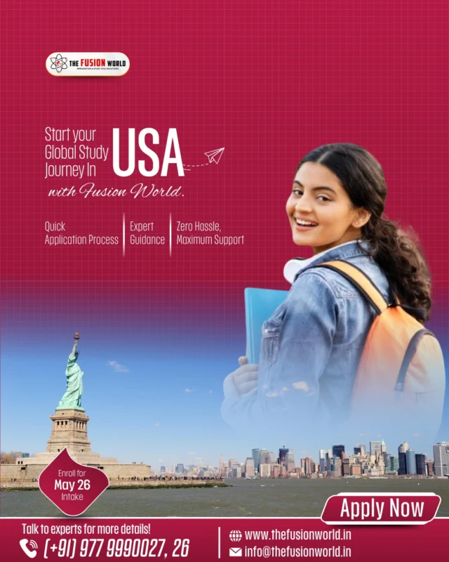 Unlock your dream of studying in the USA with Fusion World. Get expert guidance, a quick application process, and maximum support for your May 26 intake. 

Book your 1:1 free consultation for USA Study Visa from our consultants today.

#StudyInUSA #USAEducation  #StudyAbroad  #GlobalStudy #EducationConsultants #FusionWorldVisaConsultancy