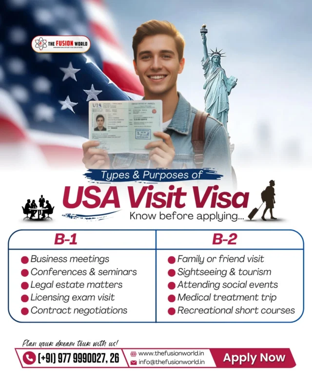 Dreaming of a USA visit? Understand the B1 and B2 visa types and purposes for a smoother application process. Whether for business or leisure, planning is key. 

Don't get lost in the visa application maze. Our experts specialize in B1 and B2 visas, guiding you through every step for a successful trip. Book your 1:1 free consultation from our consultants today and make your American dream a reality.

#USAVisaExperts #TravelToUSA #B1Visa #B2Visa #VisaGuidance #USATrip #VisitUSA #FusionWorldVisaConsultancy