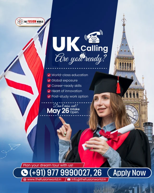 Ready for your UK dream? 🎓🇬🇧 Unlock world-class education and career opportunities. 

Our expert consultants are here to guide you every step of the way. Don't miss out on the May 26 intake! Book your 1:1 free consultation now.

#StudyInUK #UKStudyVisa #StudyOpportunities #UKEducation #GlobalOpportunities #CareerGoals #StudyVisa #StudentVisa #FusionWorldVisaConsultancy