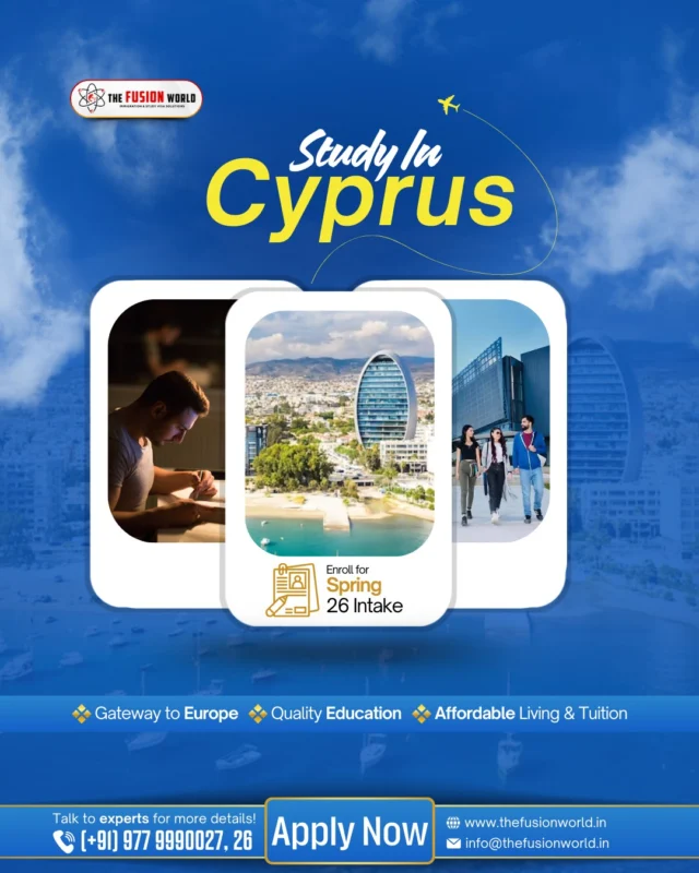 Dreaming of studying in Europe? Cyprus offers world-class education, affordable tuition, and a vibrant student life. 

Start your global journey today. Book your 1:1 free consultation from our consultants.

#StudyInCyprus #EuropeGateway #StudentLife #AffordableEducation #SpringIntake #FusionWorldVisaConsultancy