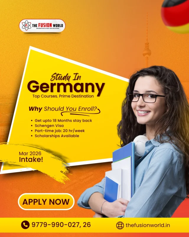 Dreaming of studying in Germany? Unlock world-class degrees, Schengen freedom, part-time work, and post-study stay-back with expert guidance from Fusion World. 

Book your 1:1 free consultation from our consultants and plan your Mar 26 intake with confidence. 

#StudyInGermany #March2026Intake #GermanyEducation #StudentVisa  #Scholarships #ApplyNow #FutureReady
