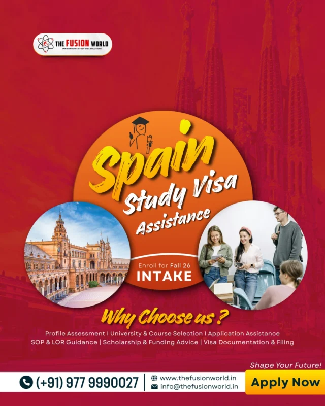 Ready to turn your Spanish academic dreams into reality? 🇪🇸 Secure your spot for the Fall '26 Intake now.

From university selection to seamless visa filing, we guide you every step of the way. 

Let's shape your future together. Start your application today.

#StudyInSpain #Fall2026 #StudentVisa #StudyAbroad #HigherEducation #FusionWorldVisaConsultants
