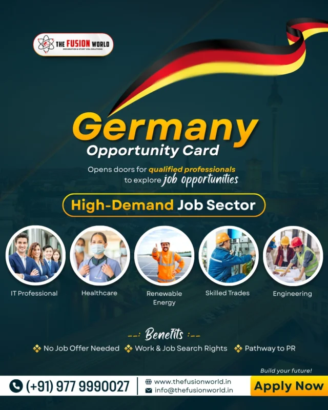 Germany Opportunity Card = your gateway to Europe 🇩🇪✨

No job offer needed—just skills, qualifications, and ambition. Explore high-demand sectors like IT, Healthcare, Engineering & more, with work rights and a clear PR pathway.

Apply now and build your global future.
📞: 9779990027

#GermanyOpportunityCard #WorkInGermany #SkilledProfessionals #GlobalCareers #EuropeJobs #ApplyNow