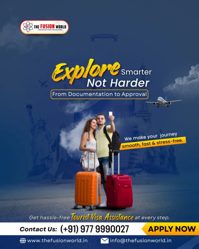 Ready to explore the world? Don’t let visa paperwork hold you back. We handle everything from documentation to approval, making your journey smooth and stress-free. 

Travel smarter, not harder, with our expert Tourist Visa Assistance. Your dream destination awaits—let’s get you there!
Call Now: (+91) 977 9990027 

#TouristVisa #TravelSmarter #VisaAssistance #VisaExperts #TravelGoals #HassleFreeTravel #FusionWorldVisaConsultancy