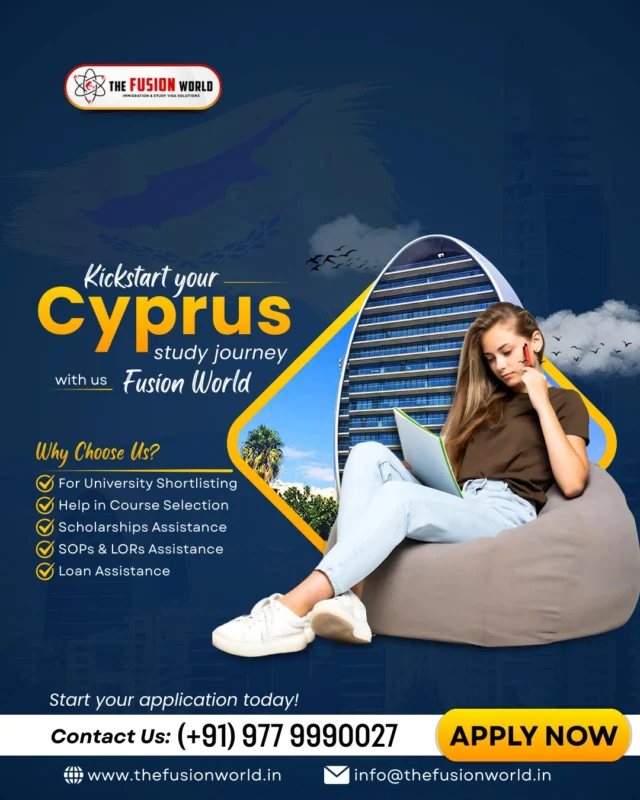 Ready to kickstart your academic journey in beautiful Cyprus? 🇨🇾 From university shortlisting to securing scholarships and loans, we handle it all.🎓 Turn your study abroad dreams into reality with our expert guidance every step of the way. 

Start your application today!
📞 Call (+91) 977 999 0027 or visit www.thefusionworld.in to apply now!

#StudyInCyprus #StudyAbroad #OverseasEducation #StudentVisa #Scholarships #FusionWorldVisaConsultancy