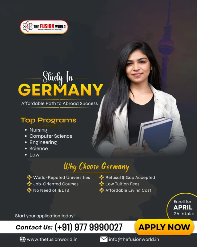Ready to take your career to the next level? 🇩🇪 Study in Germany for world-class education with low tuition fees and no IELTS required! From nursing to engineering, unlock global opportunities with the April 2026 intake. 

Start your journey with Fusion World today.
Apply Now: (+91) 977 9990027

#StudyInGermany #GlobalEducation #ScholarshipOpportunities #StudyAbroad #FutureLeaders #April2026Intake