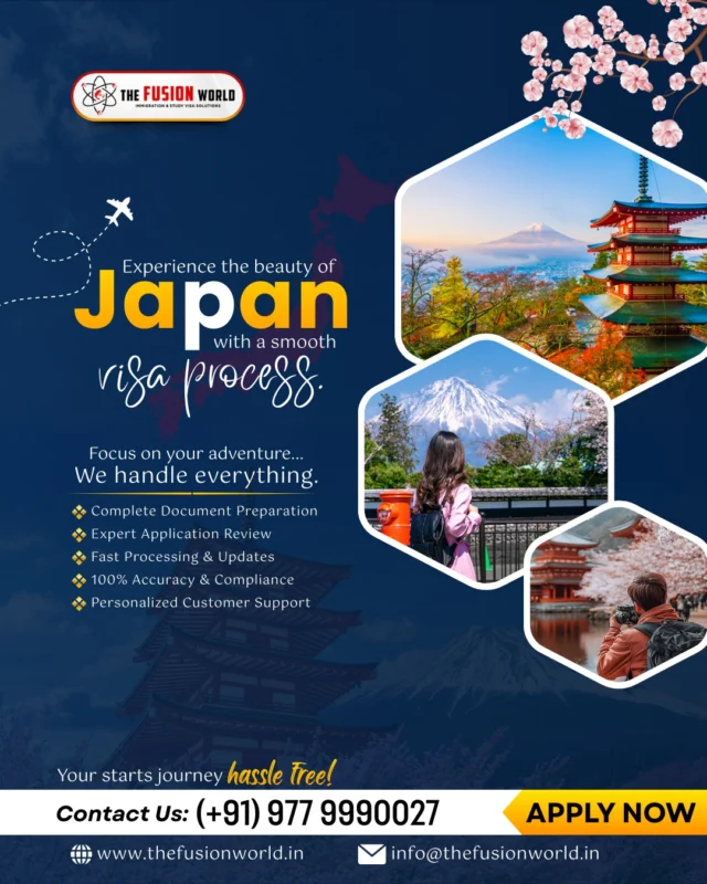Ready to explore the Land of the Rising Sun? 🇯🇵 Experience the beauty of Japan with a smooth visa process. From document prep to expert reviews, Fusion World handles everything for a hassle-free journey. 

Focus on your adventure today!
📞 Call (+91) 977 999 0027 or visit www.thefusionworld.in to apply now!

#ExploreJapan #JapanTouristVisa #TravelHassleFree #FusionWorld #VisaAssistance #JapanDiaries