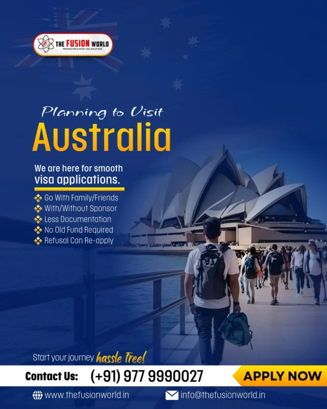 Planning to visit Australia? Experience smooth visa applications with us! 

We offer hassle-free processing with less documentation and no old funds required, even without a sponsor. Previous refusals can reapply! 

Let us handle the details while you pack your bags. 
📞 Call (+91) 977 999 0027 or visit www.thefusionworld.in to apply now!

#AustraliaVisa #VisitAustralia #ExploreAustralia #VisaConsultants #TravelDreams #HassleFreeTravel #FusionWorld
