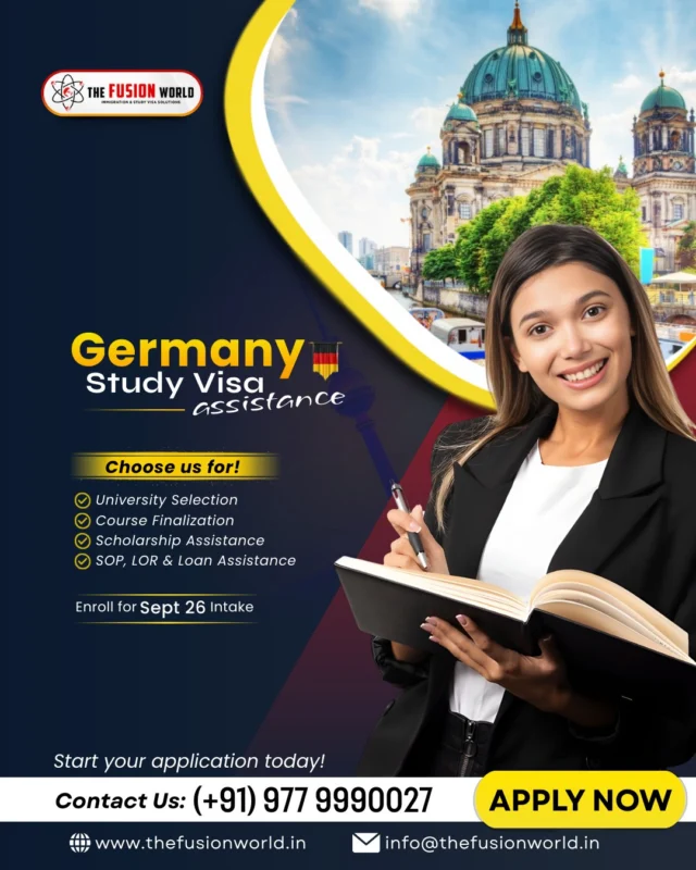 Dreaming of studying in Germany? 🇩🇪📚
From university selection to visa assistance, we guide you at every step. Secure your future with expert support for the Sept 2026 intake. 

Start your application today and move closer to your global education goals.

👉 Apply Now | Call us today
📞 (+91) 977 999 0027 or visit www.thefusionworld.in

#GermanyStudyVisa #StudyInGermany #AbroadEducation #StudentVisaHelp #Sept2026Intake #StudyAbroad #FusionWorldVisaConsultancy