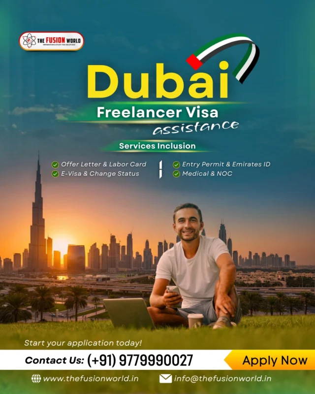 Ready to trade your office view for the Dubai skyline? 🏙️

Get expert assistance with your Dubai Freelancer Visa and enjoy a seamless transition with our all-inclusive service package. 

From Emirates IDs to entry permits, we handle the paperwork while you focus on your craft.

Apply now: 📞 (+91) 9779990027 🌐 www.thefusionworld.in

#DubaiFreelanceVisa #WorkFromDubai #DigitalNomadUAE #VisaAssistance #DubaiOpportunities #FusionWorldVisaConsultancy