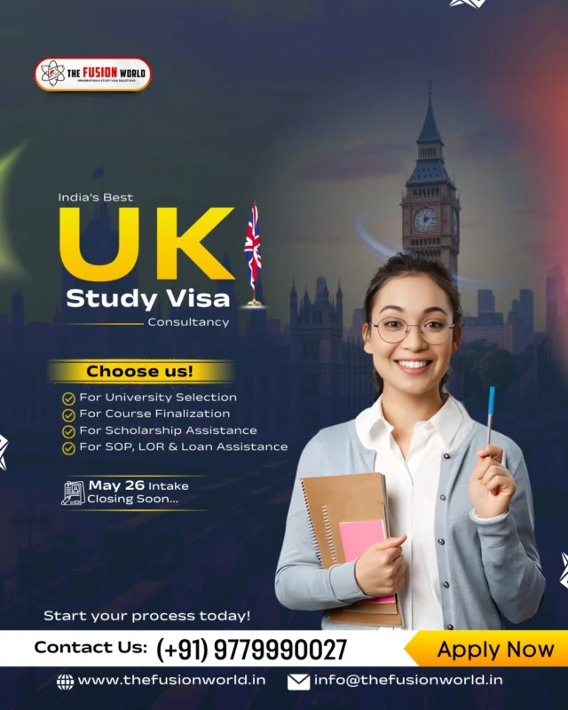 Turn your academic dreams into reality with India’s best UK Study Visa consultancy! 🎓 We provide expert support for university selection, scholarships, and SOP assistance. 

Don't miss out May '26 intake is closing soon. Start your global journey today! 🇬🇧
📞 (+91) 9779990027 or visit 🌐 www.thefusionworld.in

#UKStudyVisa #StudyInUK #HigherEducation #StudentVisa #StudyAbroad2026 #FusionWorldVisaConsultancy