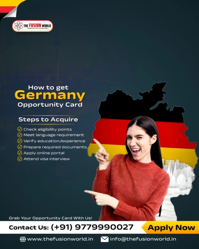Unlock your career in Germany with the Chancenkarte! 🇩🇪 From point evaluation to your visa interview, we simplify every step. 

Secure your future in Europe’s strongest economy with our expert guidance today. Your German opportunity awaits!
Apply Now: 📞 (+91) 9779990027

#GermanyOpportunityCard #WorkInGermany #Chancenkarte  #CareerAbroad #GermanyJobs #FusionWorldVisaConsultancy