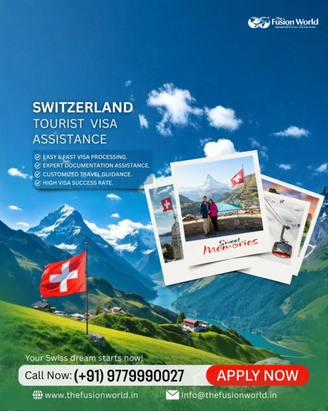 Turn your Swiss dream into reality! 🇨🇭 From the majestic Alps to pristine lakes, we make your journey seamless with expert visa assistance and high success rates. 

Ready for "Sweet Memories"? Apply today and start packing!
Call now: (+91) 9779990027

#SwitzerlandTourism #ExploreSwitzerland #TravelVisa #SwissAlps #TouristVisa #TravelGoals #TheFusionWorld