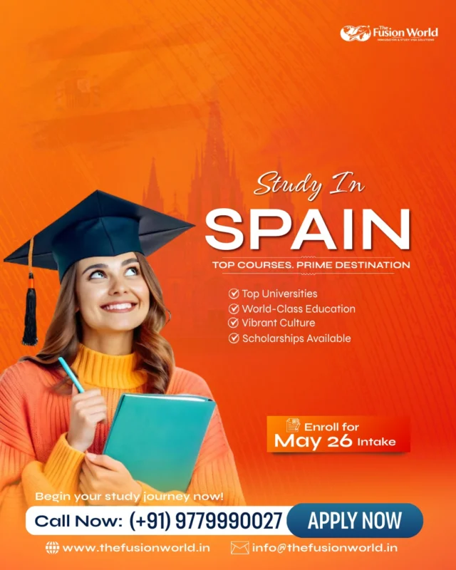 Stop wasting years on an average degree that limits your global future! Spain offers premium education and scholarships for the May 2026 intake. 

Join top universities to experience a vibrant culture now.

Start your application today.
📞 (+91) 9779990027

#StudyInSpain #GlobalEducation #SpainVisa #StudyAbroad2026  #ScholarshipsSpain #TheFusionWorld