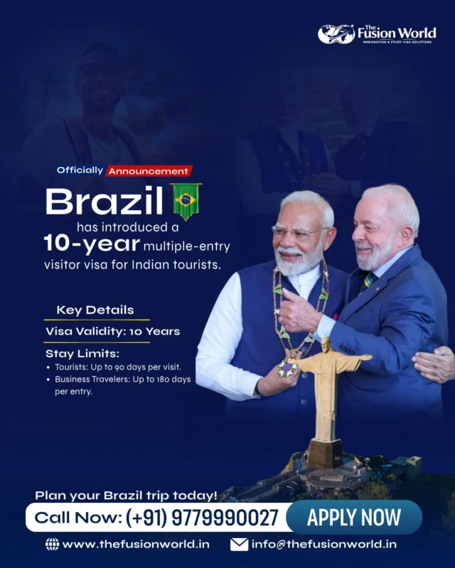 Big news for Indian travelers. Brazil now offers a 10-year multiple-entry visitor visa with flexible stay options. 

Explore new opportunities and travel with confidence. Connect with our experts and plan your Brazil journey today.

 #VisaUpdate #BrazilVisa #TouristVisa #TravelAbroad #BrazilTravel #ExploreBrazil  #ApplyNow #TheFusionWorld