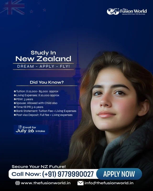 Stop wasting years on local degrees that offer no global future! Secure your New Zealand residency in just 3-6 years. 

Enroll for the July 2026 intake and bring your spouse and child along with you. 

Your global future starts here!
Call Now: (+91) 9779990027

#StudyInNewZealand #July2026Intake #NewZealandPR #TheFusionWorld #StudyAbroad #GlobalEducation