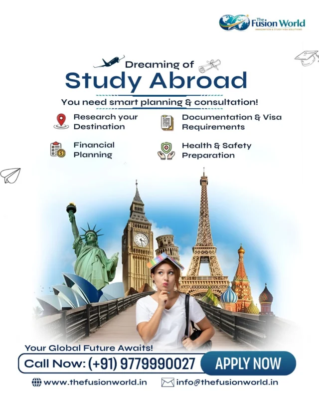 Dreaming of studying abroad starts with the right planning and expert guidance. 

From choosing the right destination to visa preparation, we help you move forward with confidence. 

Take the first step toward your global future today.
📞 (+91) 9779990027

#StudyAbroad #OverseasEducation #StudentVisa #GlobalEducation #StudyOverseas #ApplyNow  #TheFusionWorld