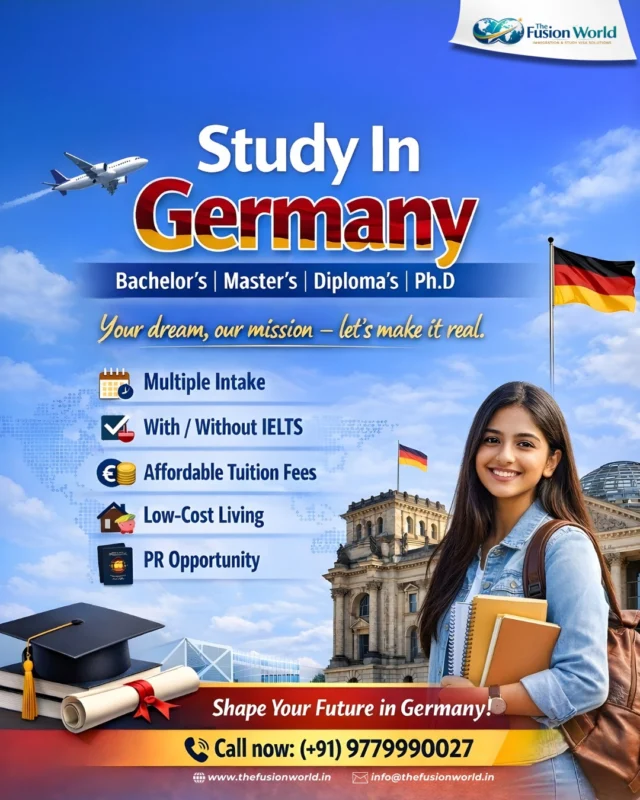 Dreaming of studying in Germany? 🇩🇪 Explore Bachelor’s, Master’s, Diploma, and Ph.D. programs with multiple intakes, affordable tuition, and excellent career opportunities. 

Take the next step toward your global future. Apply now and start your Germany study journey today.
📞 Call now: +91 9779990027

#StudyInGermany #StudyAbroad #GermanyEducation #GermanUniversities #HigherEducation #CareerAbroad #TheFusionWorld