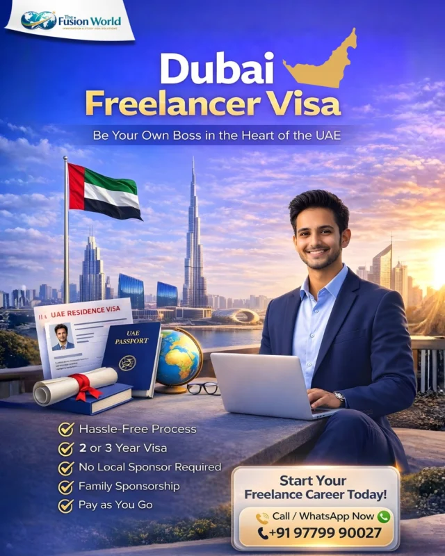 Build your freelance career in Dubai and enjoy the freedom of being your own boss. 🇦🇪 Secure a Dubai Freelancer Visa with a smooth process, flexible validity, and no local sponsor required. 

Start your UAE journey today.
📞 Call now: +91 9779990027

#DubaiFreelancerVisa #FreelanceInDubai #WorkInUAE #DubaiOpportunities #GlobalCareer #TheFusionWorld