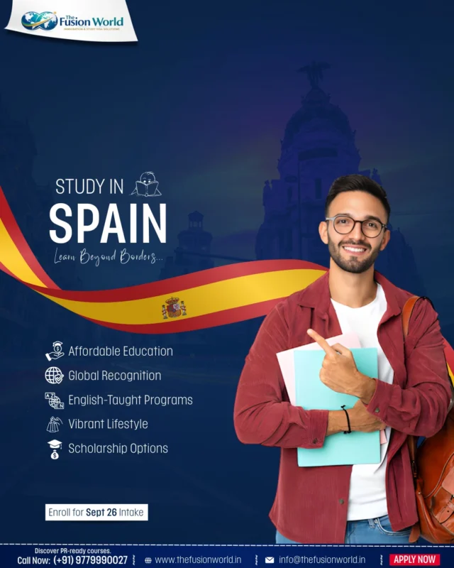 Turn your study abroad dream into reality with Spain. 🇪🇸
Explore globally recognized programs, affordable education, and vibrant student life. 

Applications for the Sept 2026 intake are open. Take the first step toward your international future today.

#StudyInSpain #September2026Intake #Scholarships #GlobalCareer #TheFusionWorld #StudyAbroad #SpainStudyVisa