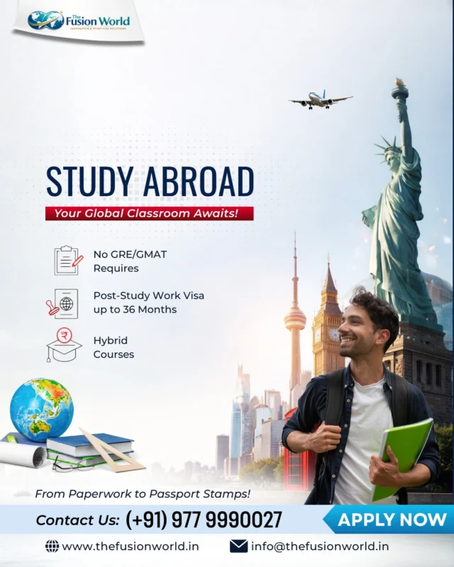Ready to study abroad and build a global future? Explore top universities with no GRE or GMAT, post-study work opportunities, and flexible courses. 

Start your journey today with expert guidance. Apply now and turn your dreams into reality.

#StudyAbroad #GlobalEducation #VisaConsultancy #OverseasEducation #CareerAbroad #ApplyNow