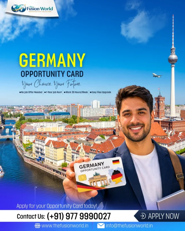 Unlock your German dream with the Opportunity Card! No job offer needed – stay 1 year to hunt jobs, work 20 hours/week, and upgrade to full visa easily. 

Your chance, your future. Apply today!
📞 (+91) 9779990027

#GermanyOpportunityCard #OpportunityCard #WorkInGermany #GermanyVisa #ImmigrationToGermany #TheFusionWorld
