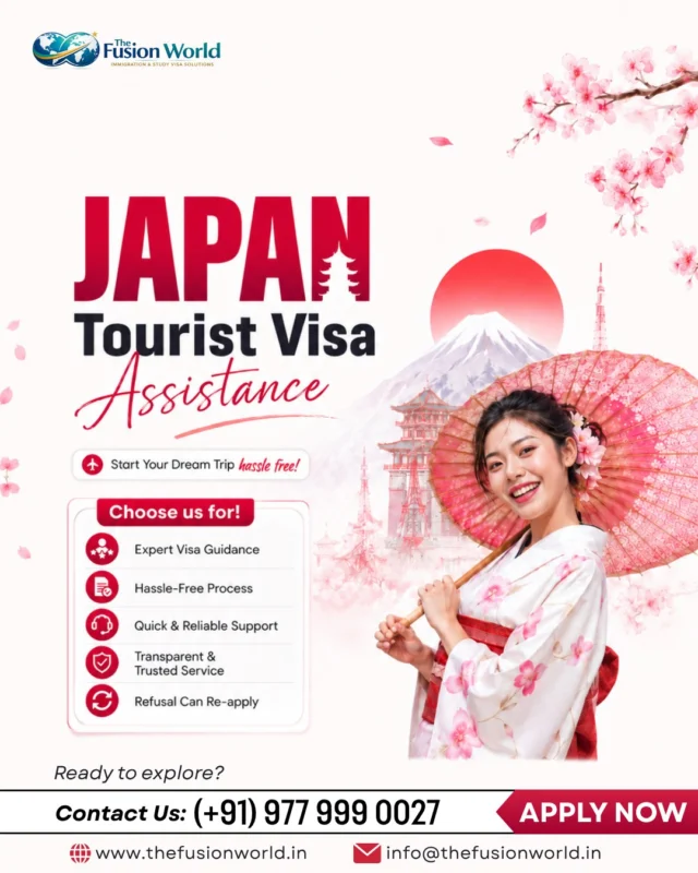 Japan ka dream ab aur bhi easy 🇯🇵🌸
Fusion World Visa Consultancy ke saath paaiye hassle-free Japan Tourist Visa assistance ✈️

✔ Expert Visa Guidance
✔ Smooth Documentation Process
✔ Quick & Reliable Support
✔ Trusted Service

Tokyo se Kyoto tak, apni dream trip ki planning aaj hi shuru karein 🌸

📞 (+91) 977 999 0027
🌐 www.thefusionworld.in

#JapanVisa #JapanTravel #VisitJapan #TouristVisa #FusionWorld #TokyoTrip #TravelJapan