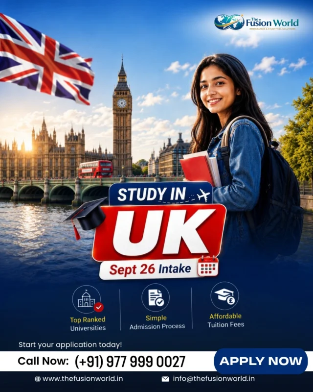 Your UK study dream starts here! 🇬🇧✨ Admissions are open for the Sept ’26 Intake. 

Explore top-ranked universities, simple admission support, and affordable tuition options. From choosing the right course to guiding your application, expert support is available at every step. 🎓
 
Apply now and make the UK your next study destination. 
📞 (+91) 977 999 0027

#StudyInUK #UKIntake2026 #StudyAbroad #UKAdmissions #InternationalStudents #StudentVisa