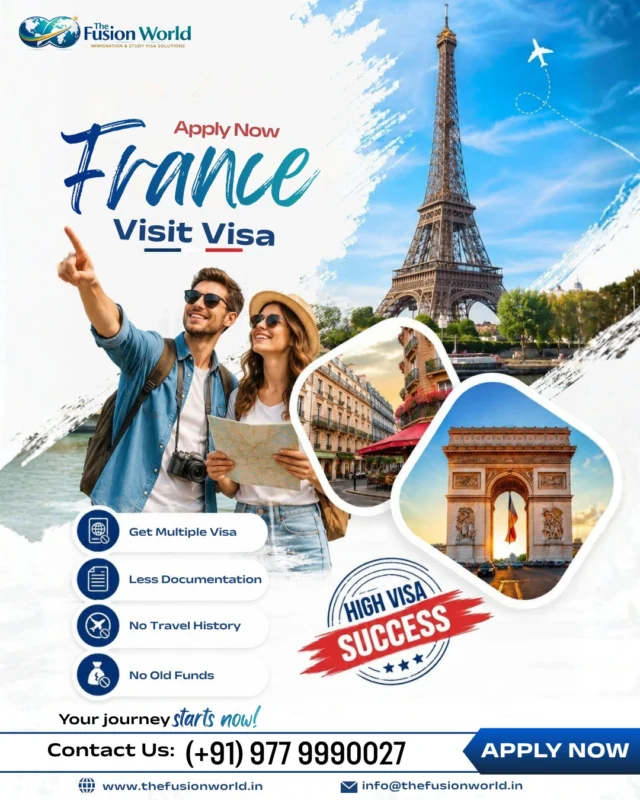 Paris is calling! 🇫🇷✨ Apply for your France Visit Visa with Fusion World and get expert support for documentation, application guidance, and visa planning. 

Your journey starts now!
📞 +91 9779990027

#FranceVisitVisa #ApplyNow #ParisDreams #VisaExperts #TravelFrance