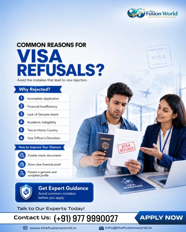 Worried about visa refusal? One small mistake can lead to rejection — incomplete documents, insufficient funds, unclear intent, or a weak profile can affect your chances.

At The Fusion World, our experts guide you through the right documentation, financial proof, and application process to help you submit a stronger and more complete visa profile.

Avoid common mistakes before you apply. Start your journey with confidence today!
📞 +91 9779990027
🌐 www.thefusionworld.in

 #VisaRefusal #VisaRejected #VisaGuidance #VisaConsultant #StudyVisa #TouristVisa #TravelVisa #ImmigrationExperts #VisaApplication #VisaTips #StudyAbroad #TravelAbroad #VisaHelp #IndianStudentsAbroad #TheFusionWorld