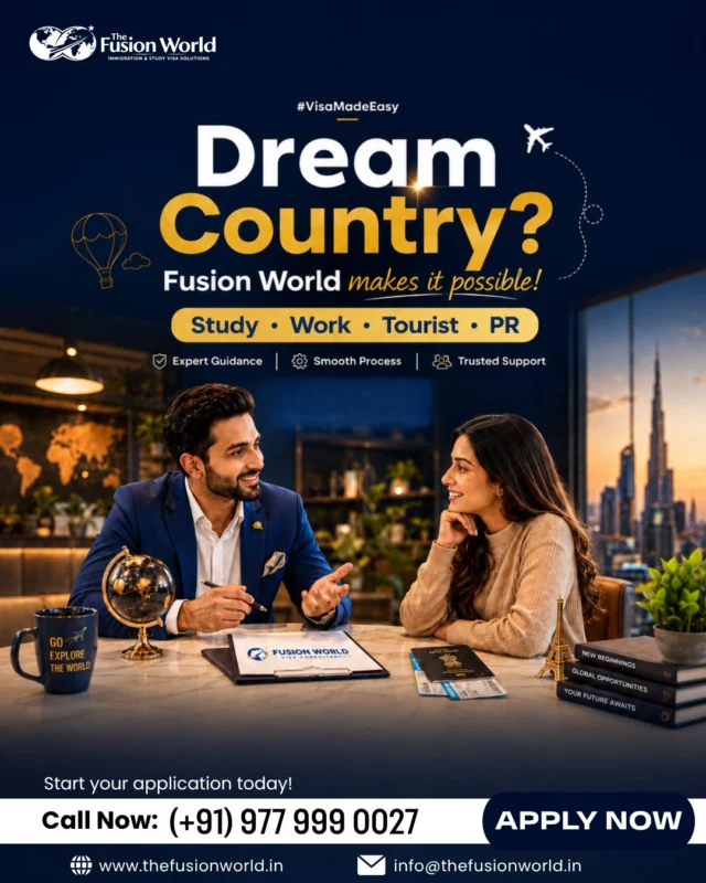 Your dream country is closer than you think! ✈️🌍
Whether you want to study, work, travel, or apply for PR, The Fusion World is here to guide you at every step.

From expert visa advice to a smooth application process, we make your journey easier, clearer, and more confident. Your global future starts with one decision — apply today!

📞 Call Now: +91 977 999 0027
🌐 www.thefusionworld.in

#VisaMadeEasy #DreamCountry #StudyAbroad #WorkAbroad #TouristVisa #PRVisa #VisaConsultant #ImmigrationConsultant #AbroadDreams #GlobalOpportunities #StudyVisa #WorkVisa #TravelVisa #SettleAbroad #TheFusionWorld #VisaExperts #ApplyNow #FutureAbroad