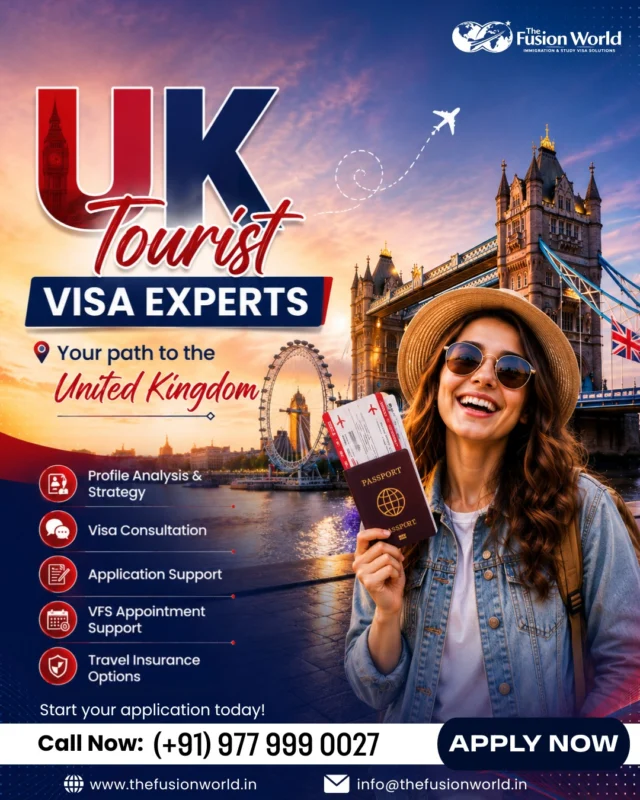 🇬🇧 Dreaming of exploring the United Kingdom? ✈️

From iconic landmarks and breathtaking cityscapes to unforgettable cultural experiences, your UK journey starts with the right visa guidance.

At Fusion World Visa Consultancy, we help make your travel plans smoother with expert assistance for:
✔ Visa Consultation
✔ Profile Analysis & Strategy
✔ Application Support
✔ VFS Appointment Assistance
✔ Travel Insurance Guidance

Whether you're planning a holiday, visiting family, or exploring the UK for the first time, our team is here to support you throughout the process.

🌍 Your path to the United Kingdom starts here.

📞 Call us today: +91 977 9990027

Save this post for your future travel plans and share it with someone who wants to visit the UK! 🇬🇧✨

#UKTouristVisa #UKVisa #VisitUK #UnitedKingdom #TouristVisa #VisaConsultant #TravelToUK #FusionWorldVisa