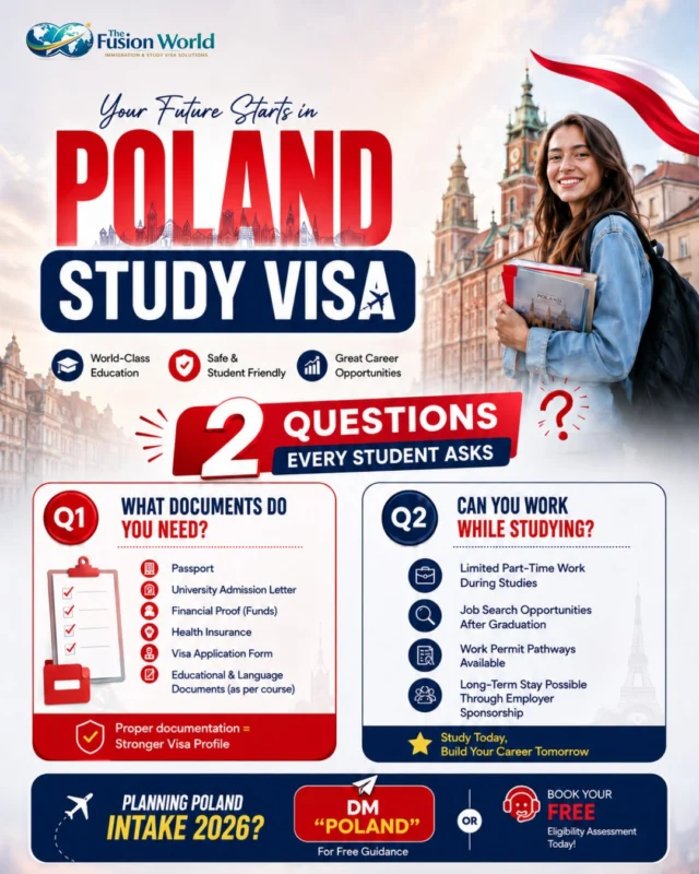 🇵🇱 Thinking about studying in Poland but confused about visa requirements? 🤔

You're not alone.

The two biggest questions students ask are:

📄 What documents do I need for a Poland Study Visa?
💼 Can I work while studying in Poland?

The good news is that Poland offers quality education, affordable living costs, excellent career opportunities, and a welcoming environment for international students.

At Fusion World, we guide you through every step:

✅ University Selection
✅ Admission Support
✅ Visa Documentation Guidance
✅ Interview Preparation
✅ Application Assistance

If Poland is on your study abroad list for 2026, this is the right time to start planning your journey.

📩 DM "POLAND" and get free guidance from our experts.

Save this post for future reference and share it with someone planning to study in Europe. 🎓✨

#PolandStudyVisa #StudyInPoland #PolandIntake2026 #StudyAbroadLife #EuropeEducation #StudentVisa #InternationalEducation #StudyAbroad