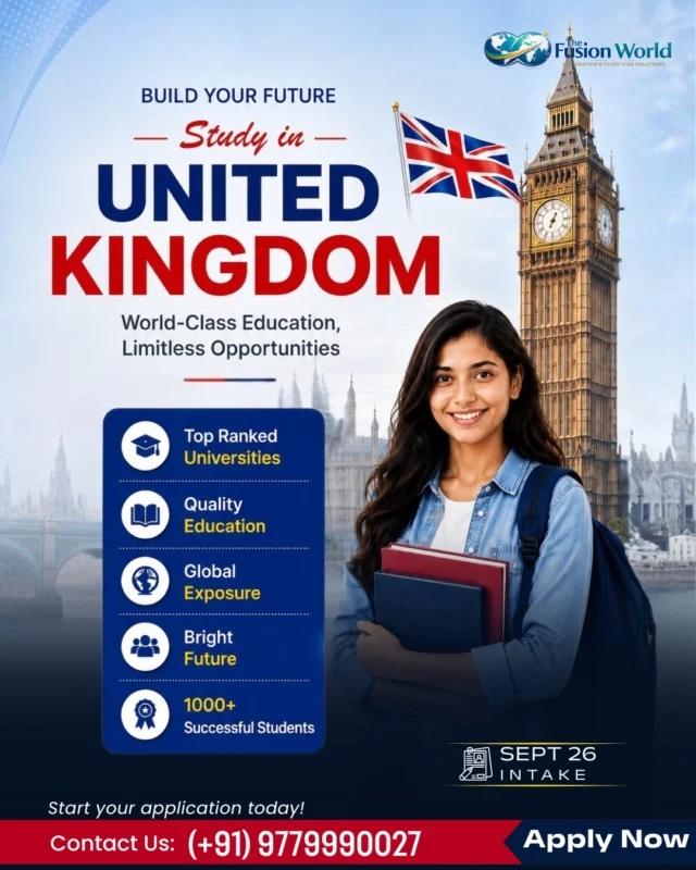 🇬🇧 Dreaming of studying in the United Kingdom? 🎓✨

Imagine learning at globally recognized universities, gaining international exposure, and building a career that opens doors across the world.

The September 2026 Intake is now the perfect opportunity to start planning your future.

Why choose the UK?

🎓 Top-Ranked Universities
📚 Quality Education
🌍 Global Exposure
💼 Strong Career Opportunities

Whether you're planning undergraduate, postgraduate, or professional studies, early preparation can help you secure better university options and a smoother admission process.

At Fusion World, we guide students through every stage of their study abroad journey with personalized support and expert advice.

📩 DM "UK" for a free profile assessment and guidance.

Tag a friend who dreams of studying in the UK. 🇬🇧👇

#StudyInUK #UKStudyVisa #UnitedKingdomEducation #StudyAbroadLife #September2026Intake #InternationalEducation #StudentVisa #FutureStartsHere