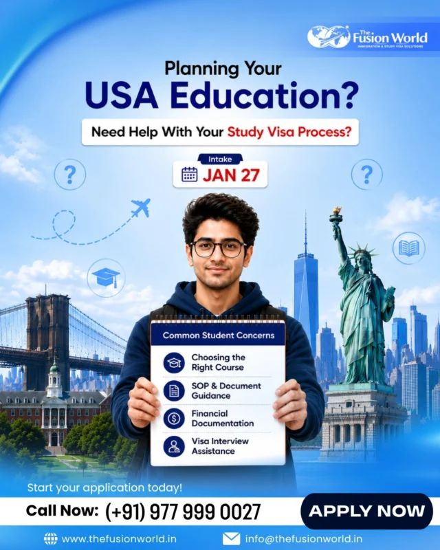 🎓 Dreaming of studying in the USA? 🇺🇸

Need help with course selection, documents, finances, or visa interviews? Fusion World guides you through every step of your study visa journey for the January 2027 intake.

📩 DM "USA" to get started.

#StudyInUSA #USAStudyVisa #StudyAbroad #StudentVisa #FusionWorld
