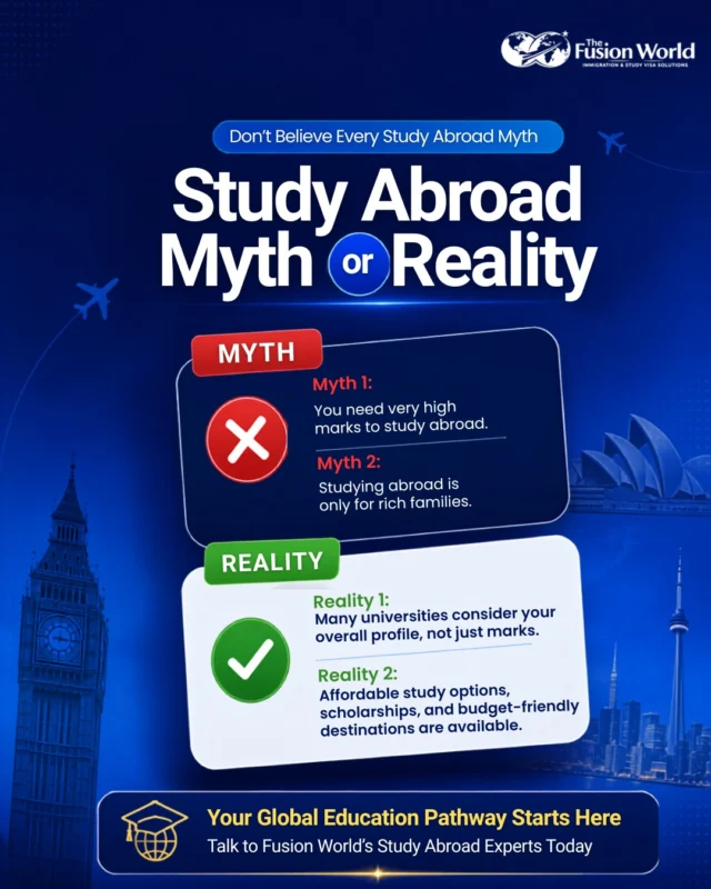 🌍 Myth or Reality?

❌ High marks are the only way to study abroad.
❌ Only rich families can afford international education.

✅ The reality is that universities consider your complete profile, and scholarships plus affordable destinations make studying abroad possible for many students.

Start your journey with expert guidance.

#StudyAbroad #InternationalStudents #StudyVisa #EducationAbroad #DreamBig