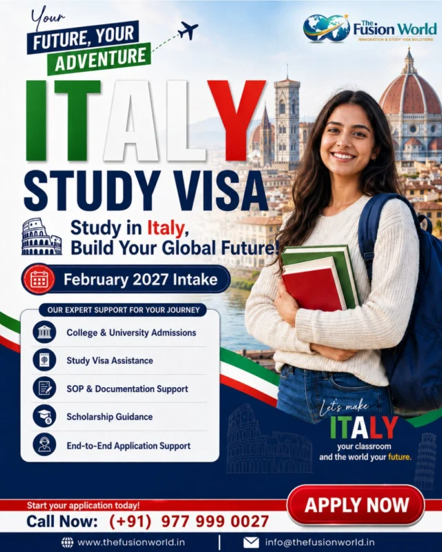 🇮🇹 Dreaming of studying in Italy? Admissions for the February 2027 Intake are now open! Get expert support for university admissions, study visa assistance, SOP & documentation, scholarship guidance, and end-to-end application support. 

Start your study abroad journey with confidence.
📞 Call: +91 9779990027

#ItalyStudyVisa #StudyInItaly #StudyAbroad #February2027Intake #FusionWorld